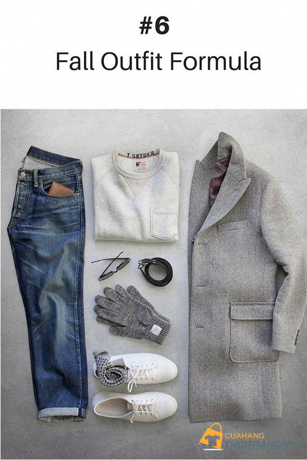Áo khoác xám + áo nỉ xám + quần jeans + giày thể thao trắng